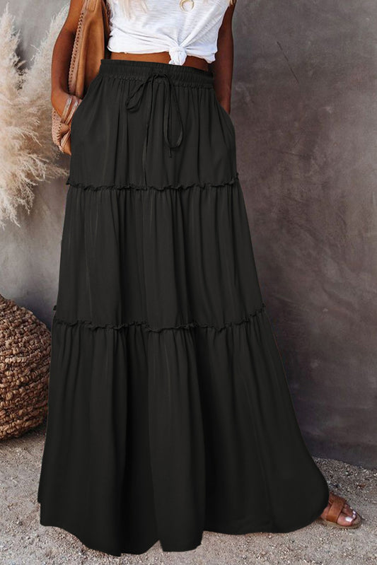 Black Tiered Drawstring Maxi Skirt